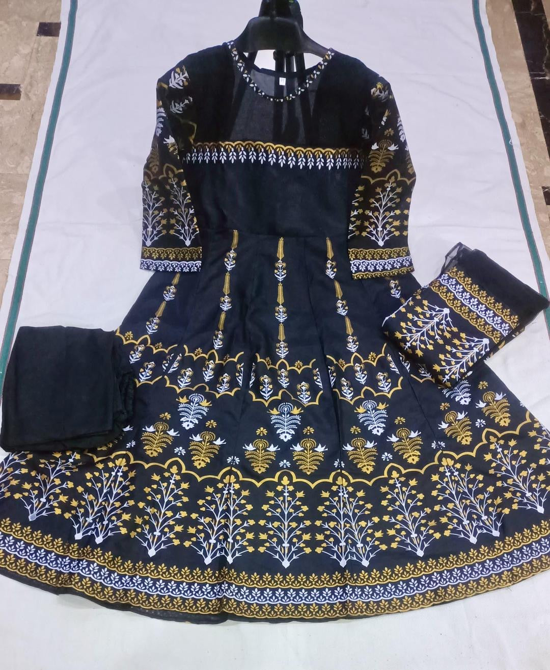 Elegant Teal Katan Silk Block Printed Maxi Suit -3 Pcs Set