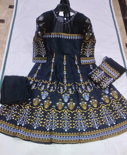 Elegant Teal Katan Silk Block Printed Maxi Suit -3 Pcs Set