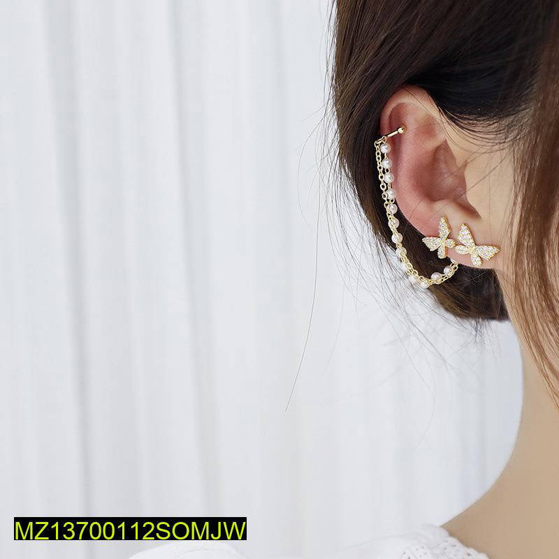 Single Ear Butterfly Metal Chain Tassel Stud Earrings