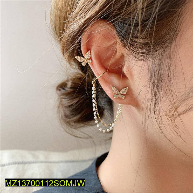 Single Ear Butterfly Metal Chain Tassel Stud Earrings