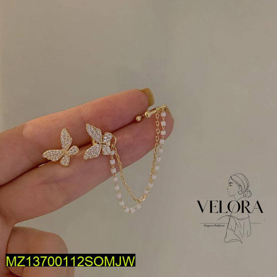 Single Ear Butterfly Metal Chain Tassel Stud Earrings