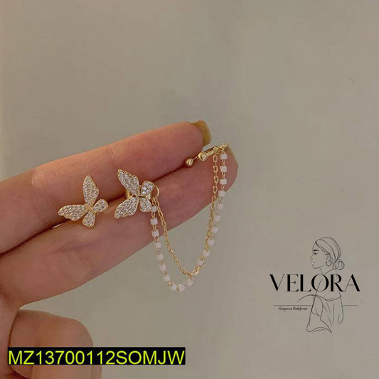 Single Ear Butterfly Metal Chain Tassel Stud Earrings