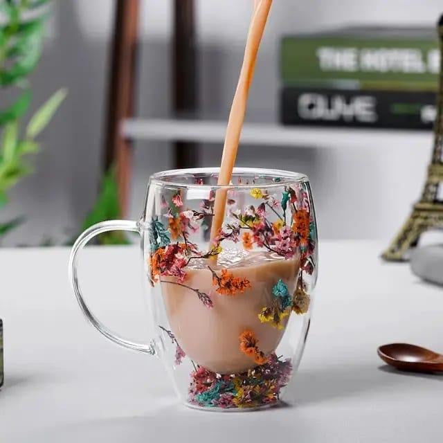 Filling Dry Flowers Double Glass Cup -300ml